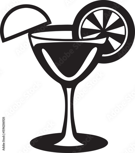 Coctail glass with lemon and drinking silhouette, black and white silhouette, vector and illustration