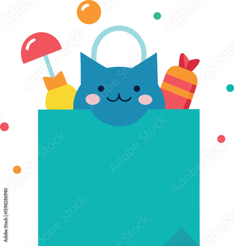 Shopping Bag Filled With Treats Toys And Happy Cat