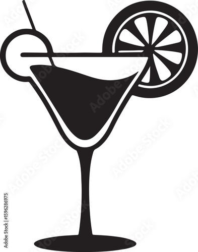 Coctail glass with lemon and drinking silhouette, black and white silhouette, vector and illustration