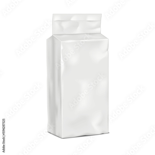 Blank white rectangle gable top block bottom plastic bag. Realistic vector mockup. Side gusset laminated stand-up pouch package. 3d mock-up. Template for packaging design