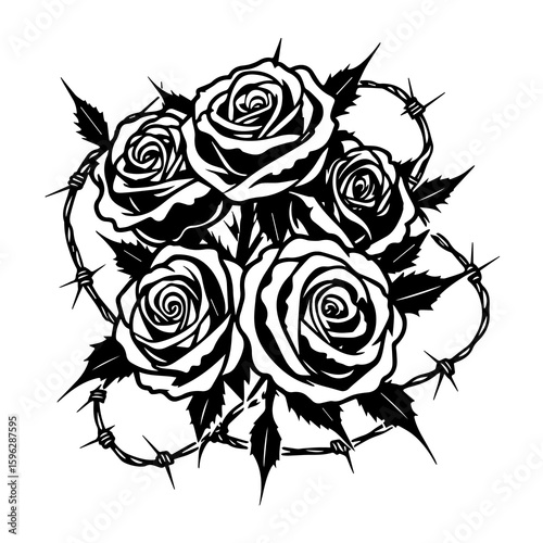 Black and white roses entwined with barbed wire
