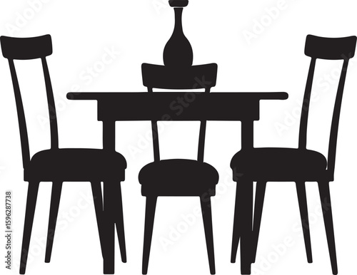 dining table and chairs silhouette, black and white silhouette, vector and illustration
