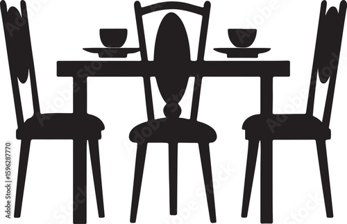dining table and chairs silhouette, black and white silhouette, vector and illustration