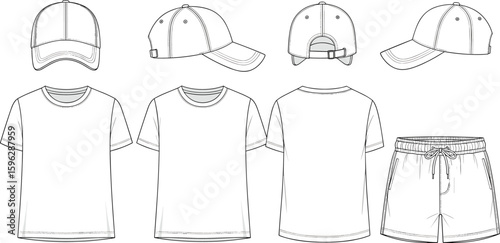 kids t shirt shorts cap technical flat sketch front back side view casual wear cad drawing flat vector illustration