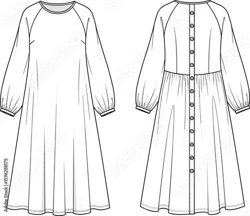 Long sleeve button back dress flat sketch, fashion technical drawing, raglan sleeve dress CAD, garment design vector illustration
