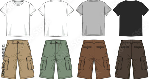 Men t-shirt and cargo shorts fashion technical flat sketch, front and back view, casual wear cad drawing flat vector illustration