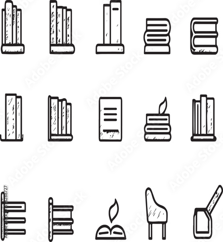 Various line art book and reading related icons on a white background in a simple style format