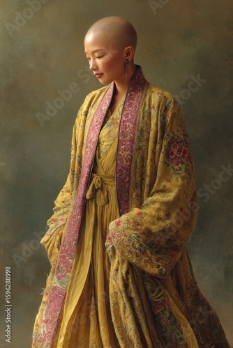 Bald woman in an ornate yellow and pink robe