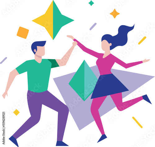 Two Youth Dancing In Front Of Explosion Of Geometry