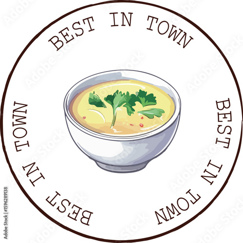 round rubber stamp that says best in town and features product soup dish