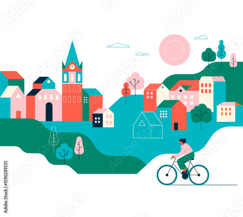 Colorful countryside scene with houses, trees and people biking 