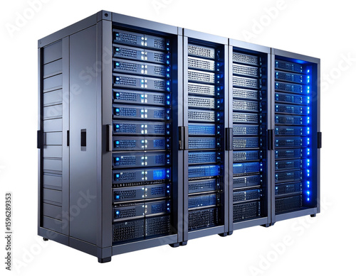  Futuristic Data Server Rack with Blue LED Lighting and Cooling Vents, isolated on Transparent Background PNG