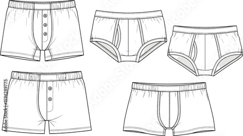 Men’s underwear CAD drawing, flat vector illustration, boxer briefs, briefs, boxers, fashion garment technical sketch, apparel design template