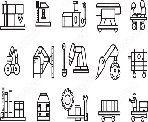 Line art illustration showcasing various industrial machines and robotic equipment in a clean style