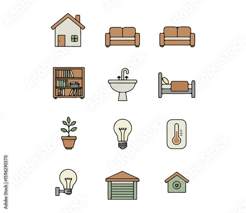 Collection of Home Interior Furniture and Exterior Building Icons for Design	