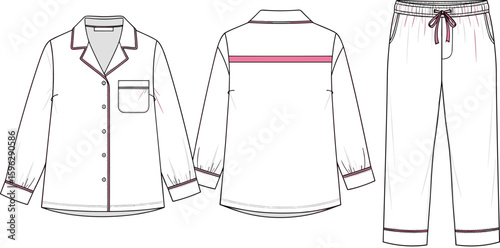 Pajama set design, button down top, long sleeve sleepwear, drawstring pants, flat sketch, cad drawing, vector fashion illustration