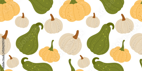 Pumpkin and gourd seamless vector pattern – Flat autumn illustration featuring hand-drawn pumpkins, decorative squashes, and fall harvest vegetables in cozy orange, cream, and green colors. 