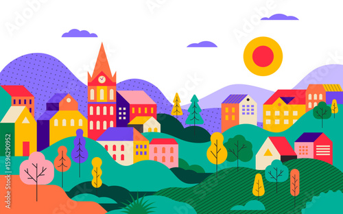 Colorful Countryside Landscape. Scenic Village with Hills, Trees, and Traditional Houses.