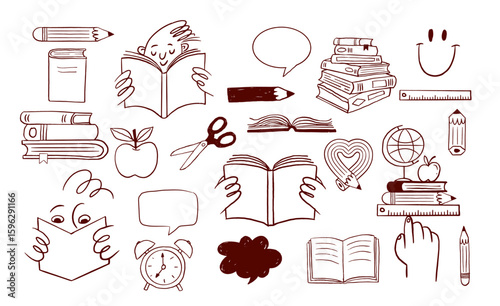 Back to school black and white hand-drawn illustrations collection. Books and school supplies cartoon doodles set.