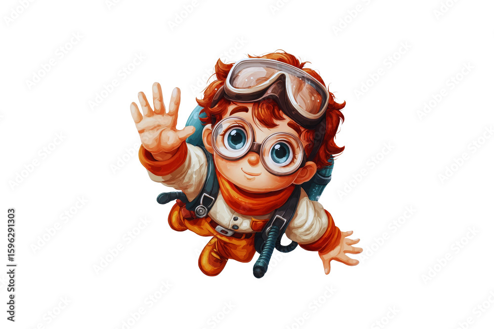 Fototapeta premium Cartoon Boy With Goggles Backpack And Waving Hand Against A Transparent Background Ready To Isolate Transparent Background