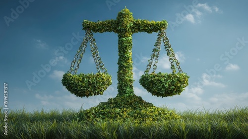 A scale of justice, formed from lush greenery, sits atop a grassy field against a clear sky.