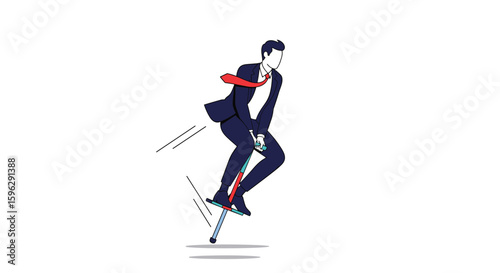 Businessman enjoying extreme bouncing activity on a pogo stick