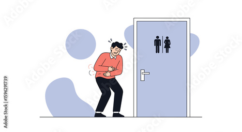 Man suffering from stomach pain urgently needs restroom and stands by the bathroom door