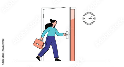 Woman with briefcase entering office door with clock showing time passing by