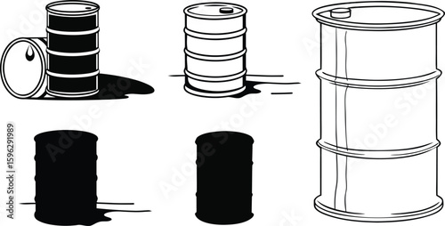 Black and White Oil Barrel Clip art Illustration, Industrial Vector Design.
