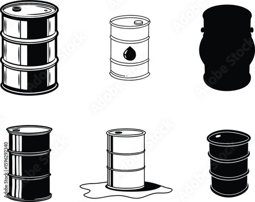 Black and White Oil Barrel Clip art Illustration, Industrial Vector Design.