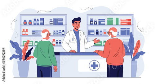Pharmacist advising elderly patients at the counter providing health and wellness guidance
