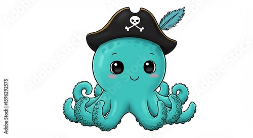 Wallpaper Mural 可愛いタコ 海賊帽子 陽気なイラスト 鮮やか青色 子供向け. AI Generated Torontodigital.ca