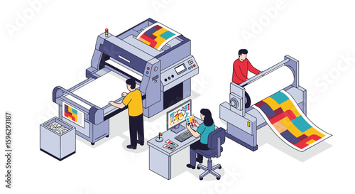 Professional printing production process with people operating modern machinery