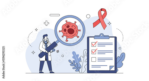Medical professional analyzing a virus specimen with a magnifying glass checklist and awareness ribbon