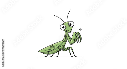 An amusing cartoon illustration of a praying mantis with big eyes and sharp forelegs in a naturalistic setting