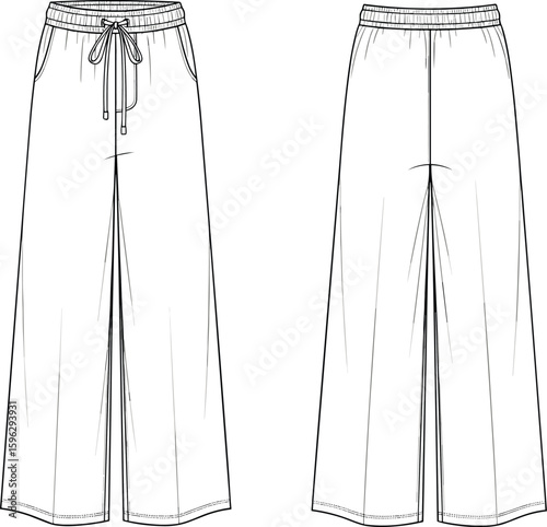 Wide leg pants flat sketch, fashion cad drawing, vector illustration, front back view, elastic waistband, drawstring detail, pockets