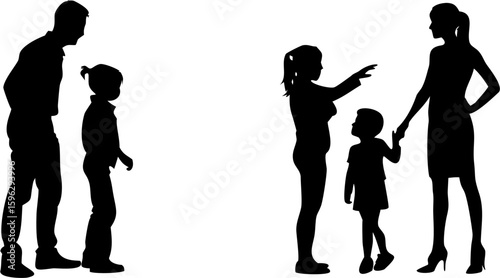 Silhouettes of two families with parents and children standing next to each other in a vector image
