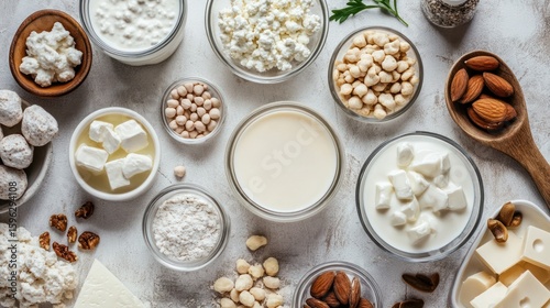 Diverse Collection of Dairy Products and Plant-Based Alternatives Flat Lay Arrangement