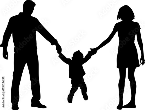 Silhouette of a family with parents holding hands of their child who is swinging in the air