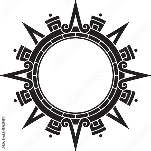 Ornate Sun Symbol with Aztec-Inspired Details, Black & White Graphic Element