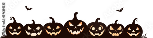 a chilling halloween lineup of glowing jack-o'-lanterns with bats soaring overhead