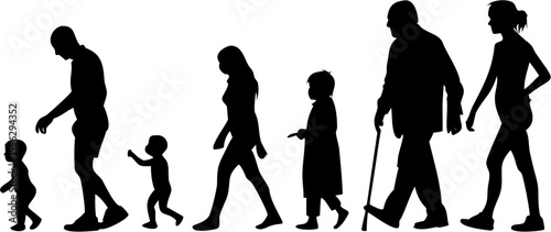 Silhouettes of people depicting different stages of life from infancy to old age on a white background