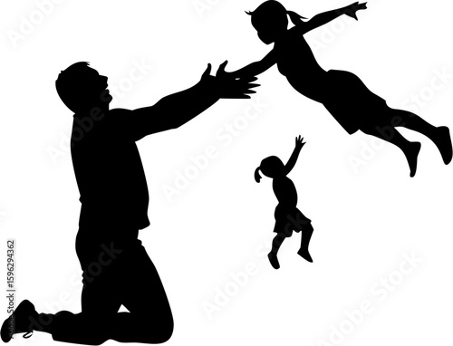 Silhouette of a father on one knee reaching for his two daughters who are jumping in the air