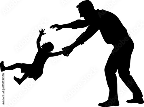 Silhouette of a man reaching to catch a falling child with outstretched arms on a white background image