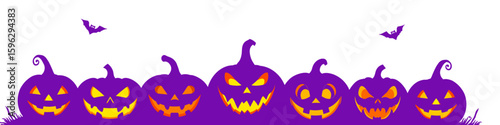 purple halloween pumpkins with orange glowing faces and bats on transparent background. vector