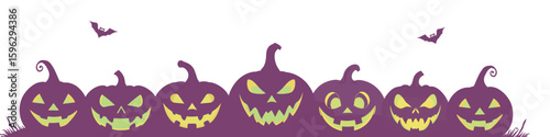 creepy purple halloween pumpkins with green glowing faces on transparent background. vector