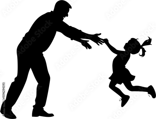 Silhouette of father reaching out to his daughter who is running towards him with open arms ready to hug
