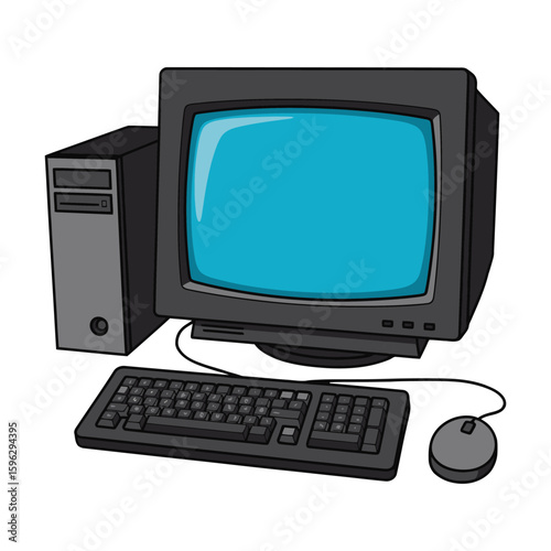 Vintage computer system with blue screen desktop computer