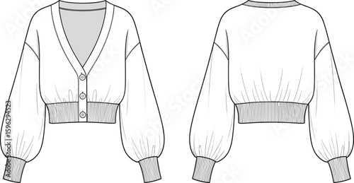 Women cropped button cardigan sweater technical flat sketch, front and back view, ribbed cuff hem detail CAD drawing flat vector illustration