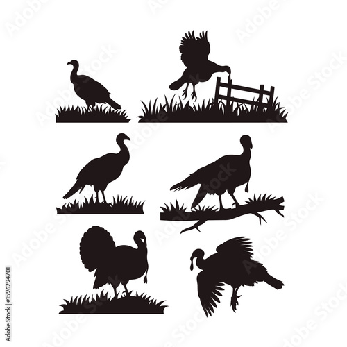 Six black turkey silhouettes in various farm and nature scenes